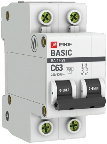 Выключатель автоматический EKF Basic ВА47-29 2п 63А C 4.5кА картинка